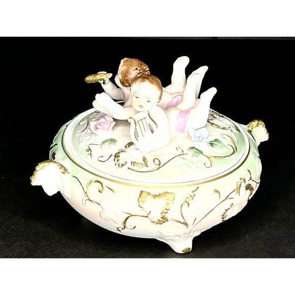 VTG Cherubs COVERED DISH Bisque Porcelain Footed Dresser Box Harp Horn Gold Pink - Picture 4 of 11